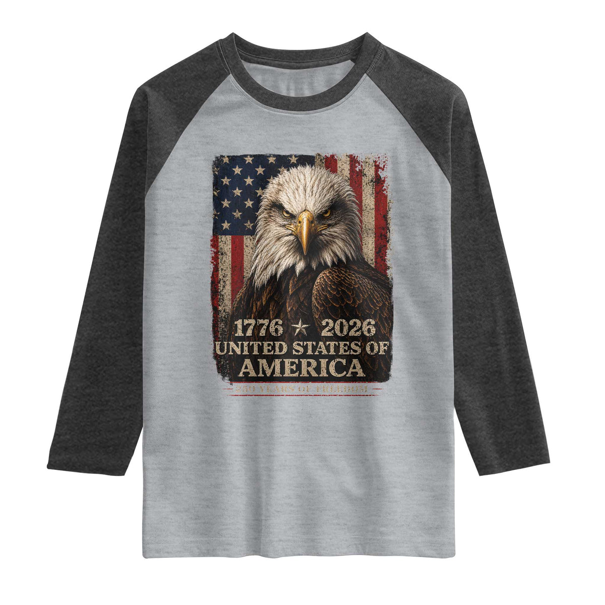 250 Anniversary USA Flag Raglan Shirt Vintage Bald Eagle Patriotic 1776 2026 250 Years Birthday TS10 Heather Gray Heather Charcoal Print Your Wear