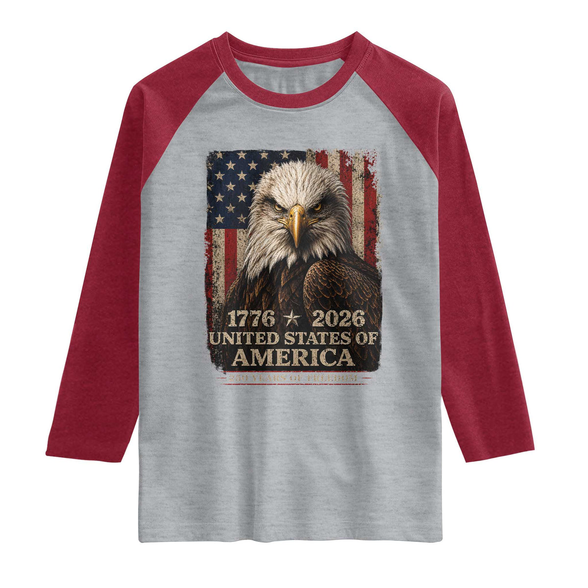 250 Anniversary USA Flag Raglan Shirt Vintage Bald Eagle Patriotic 1776 2026 250 Years Birthday TS10 Heather Gray Heather Red Print Your Wear
