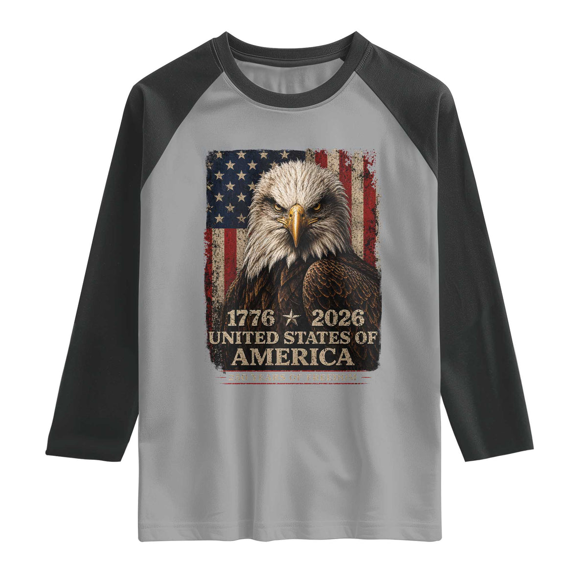 250 Anniversary USA Flag Raglan Shirt Vintage Bald Eagle Patriotic 1776 2026 250 Years Birthday TS10 Sport Gray Black Print Your Wear