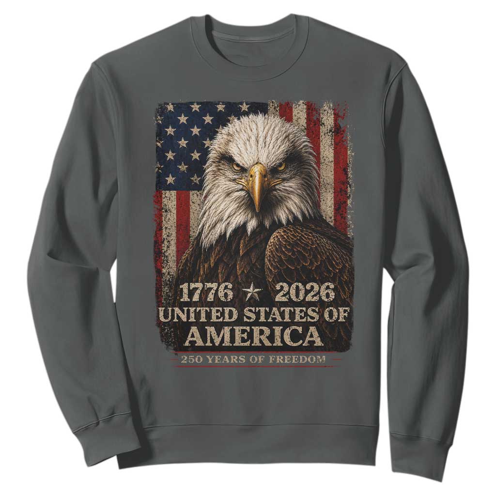 250 Anniversary USA Flag Sweatshirt Vintage Bald Eagle Patriotic 1776 2026 250 Years Birthday TS10 Dark Heather Print Your Wear
