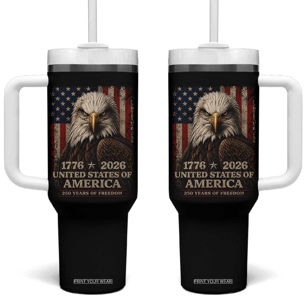250 Anniversary USA Flag Tumbler With Handle Vintage Bald Eagle Patriotic 1776 2026 250 Years Birthday TS10 One Size: 40 oz Black Print Your Wear