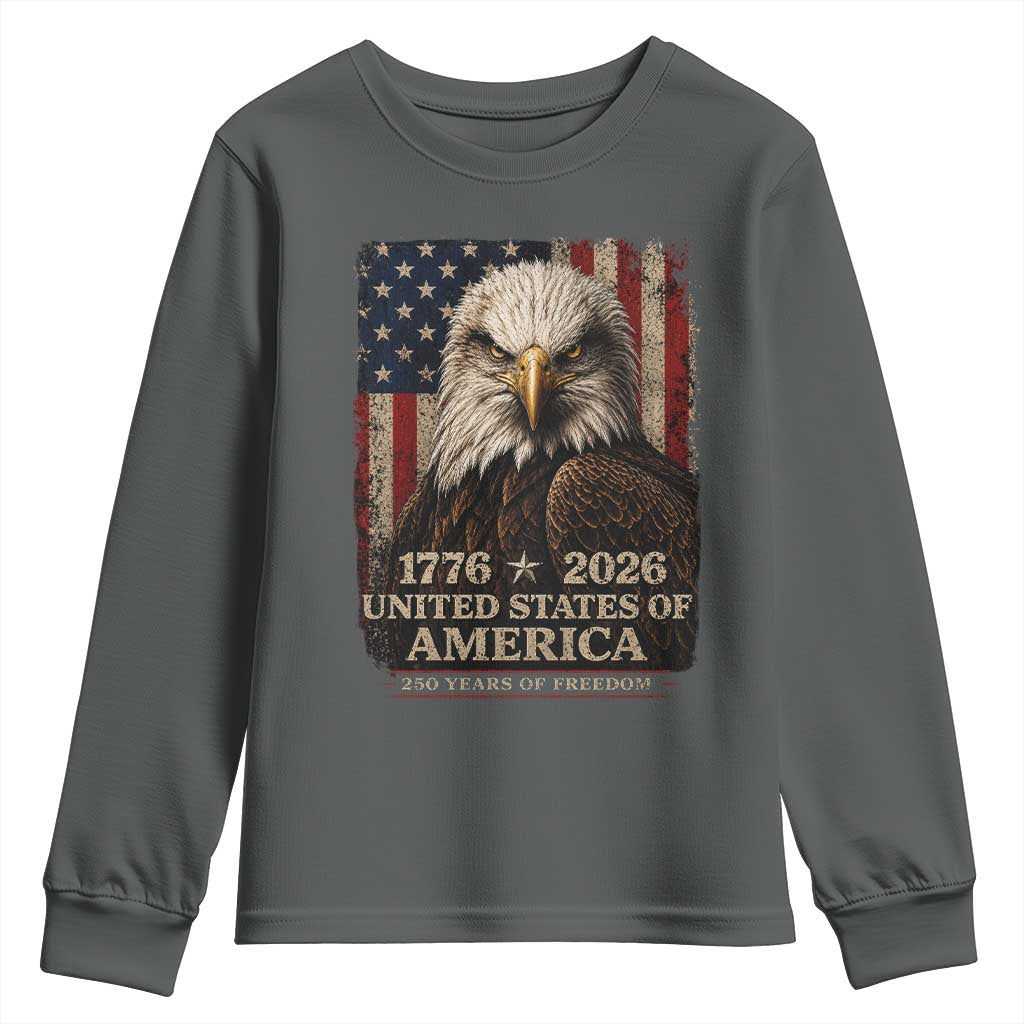 250 Anniversary USA Flag Youth Sweatshirt Vintage Bald Eagle Patriotic 1776 2026 250 Years Birthday TS10 Dark Heather Print Your Wear