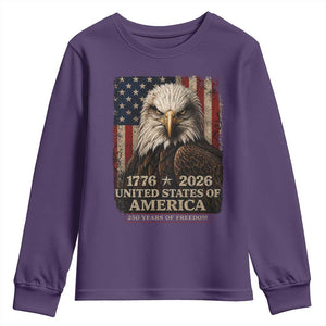 250 Anniversary USA Flag Youth Sweatshirt Vintage Bald Eagle Patriotic 1776 2026 250 Years Birthday TS10 Purple Print Your Wear