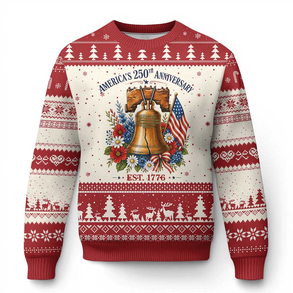 250 Anniversary Ugly Christmas Sweater Floral Liberty Bell USA 250th American 4th July 2026 TS10 Beige Red Print Your Wear