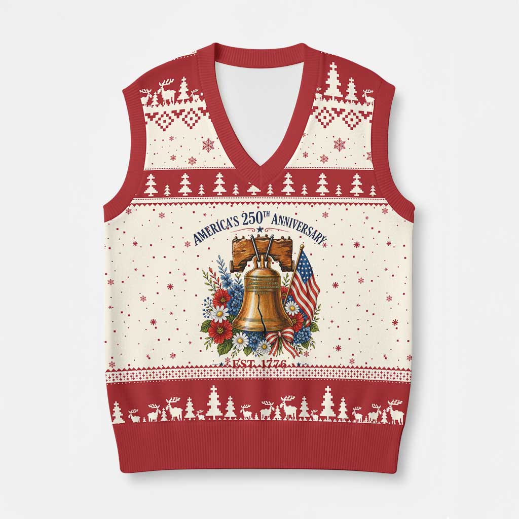 250 Anniversary V-Neck Knit Sweater Vest Floral Liberty Bell USA 250th American 4th July 2026 TS10 Beige Red Print Your Wear