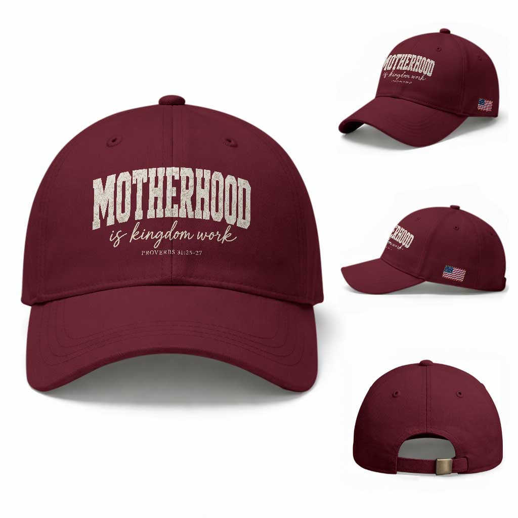 Motherhood Is Kingdom Work Baseball Cap Cute Christian Mom Mothers Day Floral Jesus TS10 Baseball Cap Universal Fit Maroon Print Your Wear