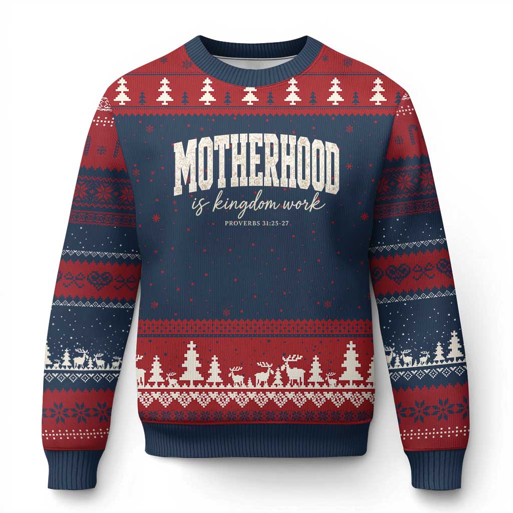 Motherhood Is Kingdom Work Ugly Christmas Sweater Cute Christian Mom Mothers Day Floral Jesus TS10 Navy Red Print Your Wear