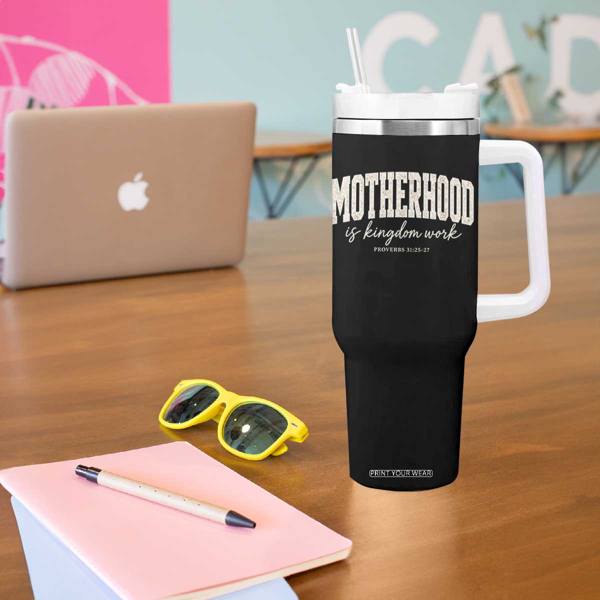Motherhood Is Kingdom Work Tumbler With Handle Cute Christian Mom Mothers Day Floral Jesus TS10 Print Your Wear