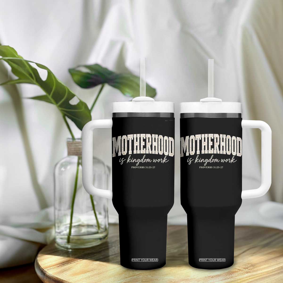 Motherhood Is Kingdom Work Tumbler With Handle Cute Christian Mom Mothers Day Floral Jesus TS10 Print Your Wear