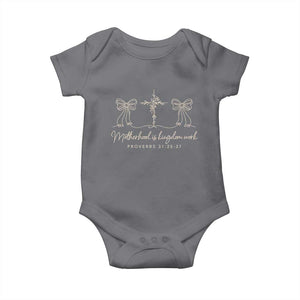 Motherhood Is Kingdom Work Baby Onesie Cute Christian Mom Mothers Day Coquette Bow Cross TS10 Charcoal Print Your Wear