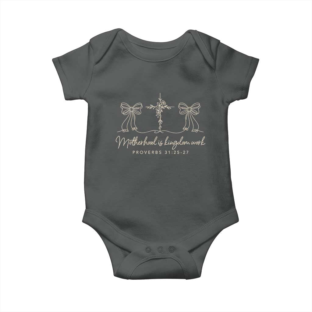 Motherhood Is Kingdom Work Baby Onesie Cute Christian Mom Mothers Day Coquette Bow Cross TS10 Dark Heather Print Your Wear