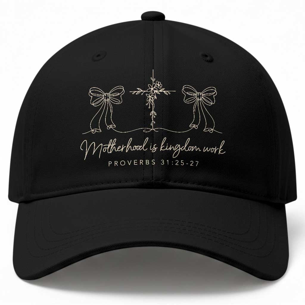 Motherhood Is Kingdom Work Baseball Cap Cute Christian Mom Mothers Day Coquette Bow Cross TS10 Print Your Wear