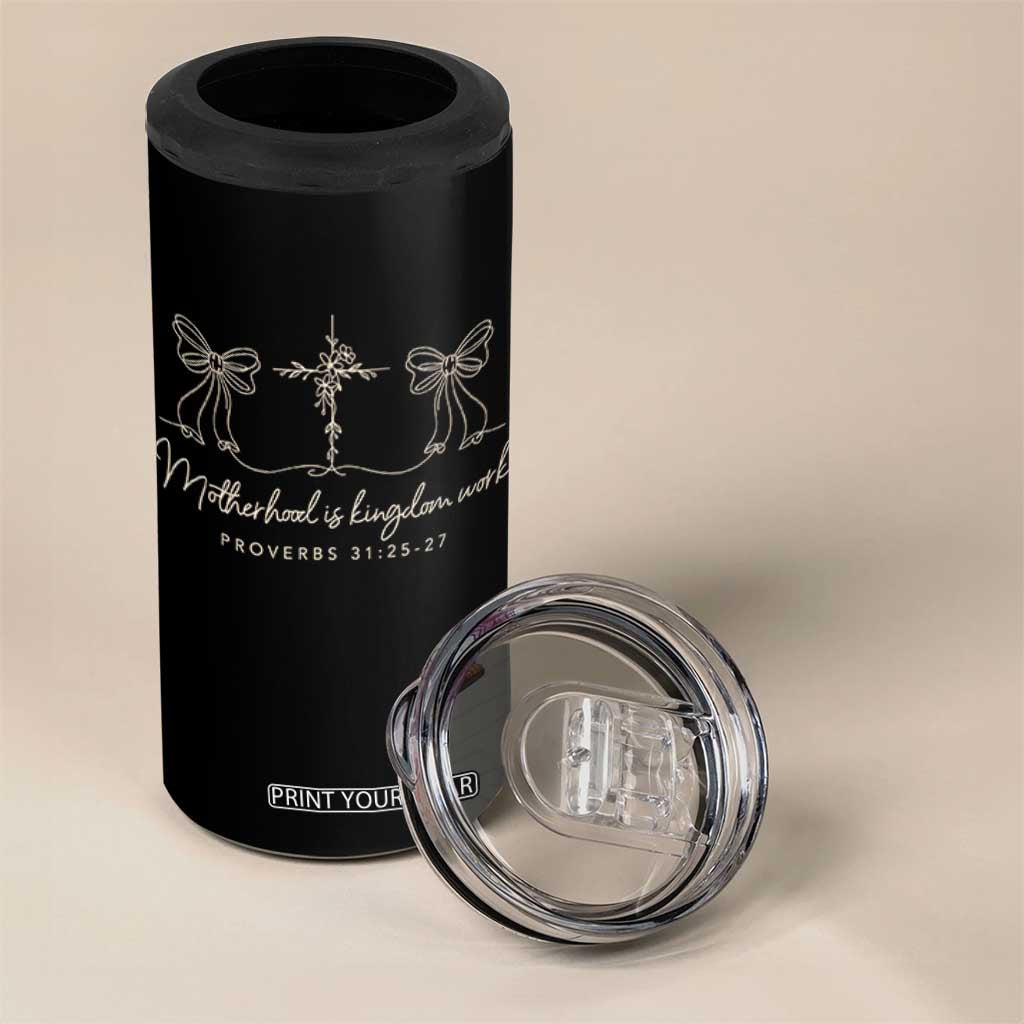 Motherhood Is Kingdom Work 4 in 1 Can Cooler Tumbler Cute Christian Mom Mothers Day Coquette Bow Cross TS10 Print Your Wear