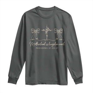 Motherhood Is Kingdom Work Long Sleeve Shirt Cute Christian Mom Mothers Day Coquette Bow Cross TS10 Dark Heather Print Your Wear