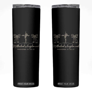 Motherhood Is Kingdom Work Skinny Tumbler Cute Christian Mom Mothers Day Coquette Bow Cross TS10 Black Print Your Wear