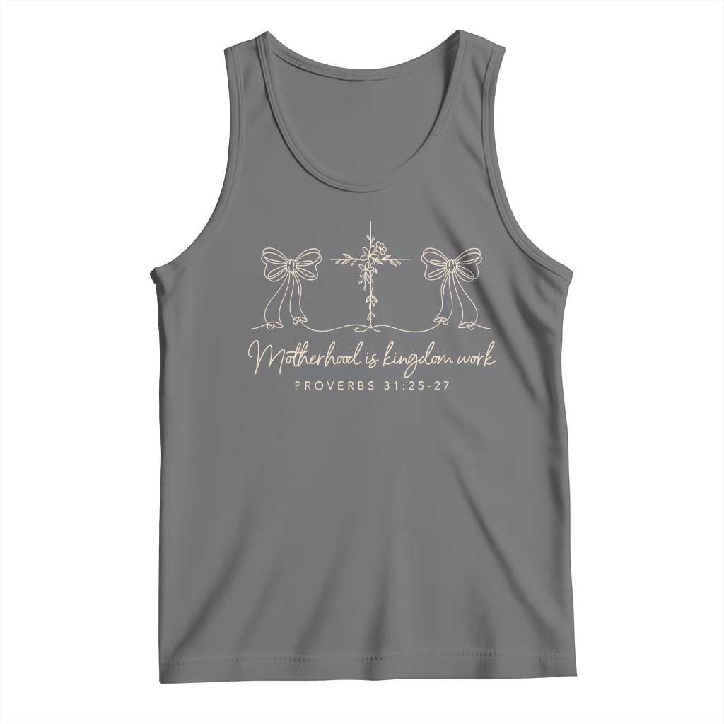 Motherhood Is Kingdom Work Tank Top Cute Christian Mom Mothers Day Coquette Bow Cross TS10 Black Heather Print Your Wear