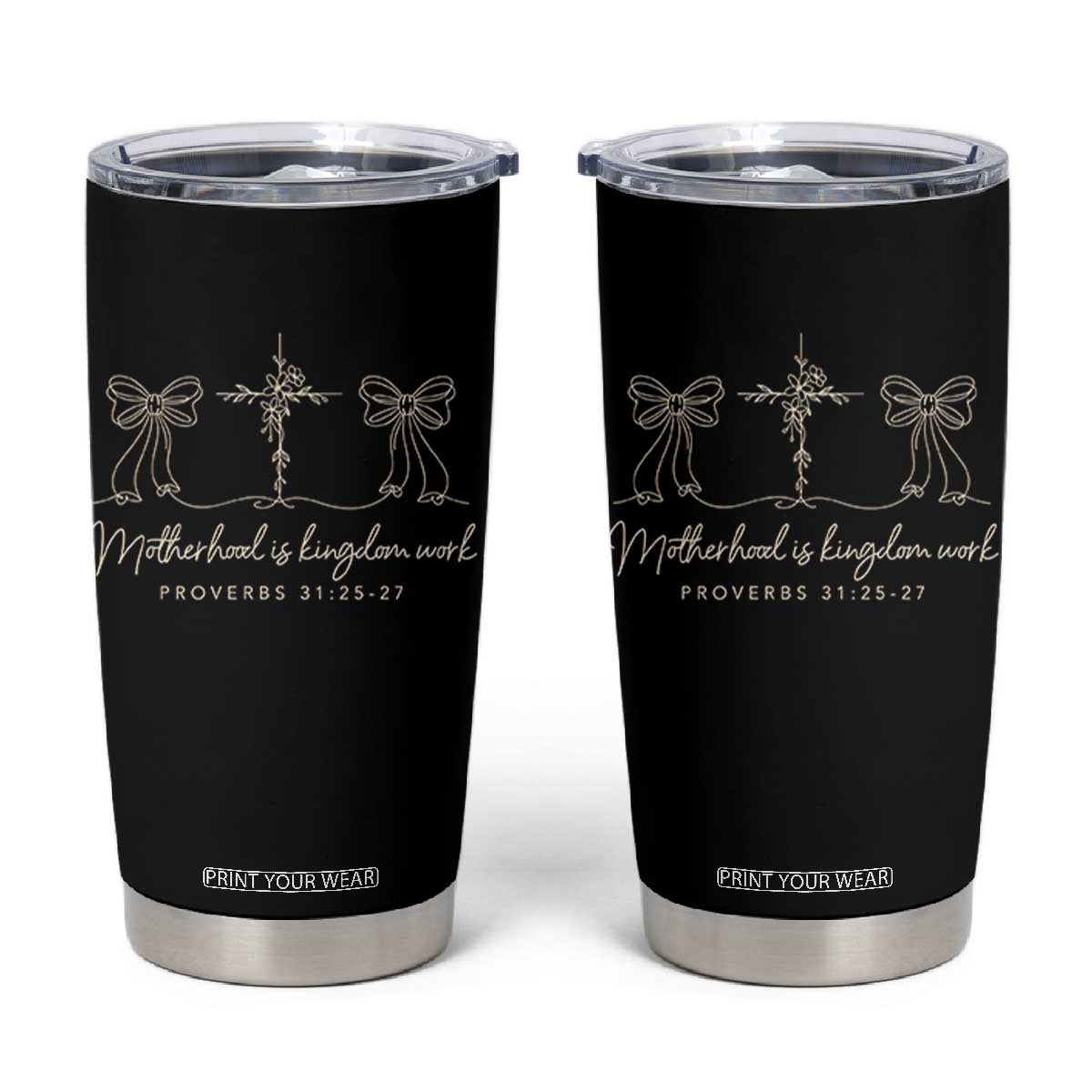 Motherhood Is Kingdom Work Tumbler Cup Cute Christian Mom Mothers Day Coquette Bow Cross TS10 Black Print Your Wear