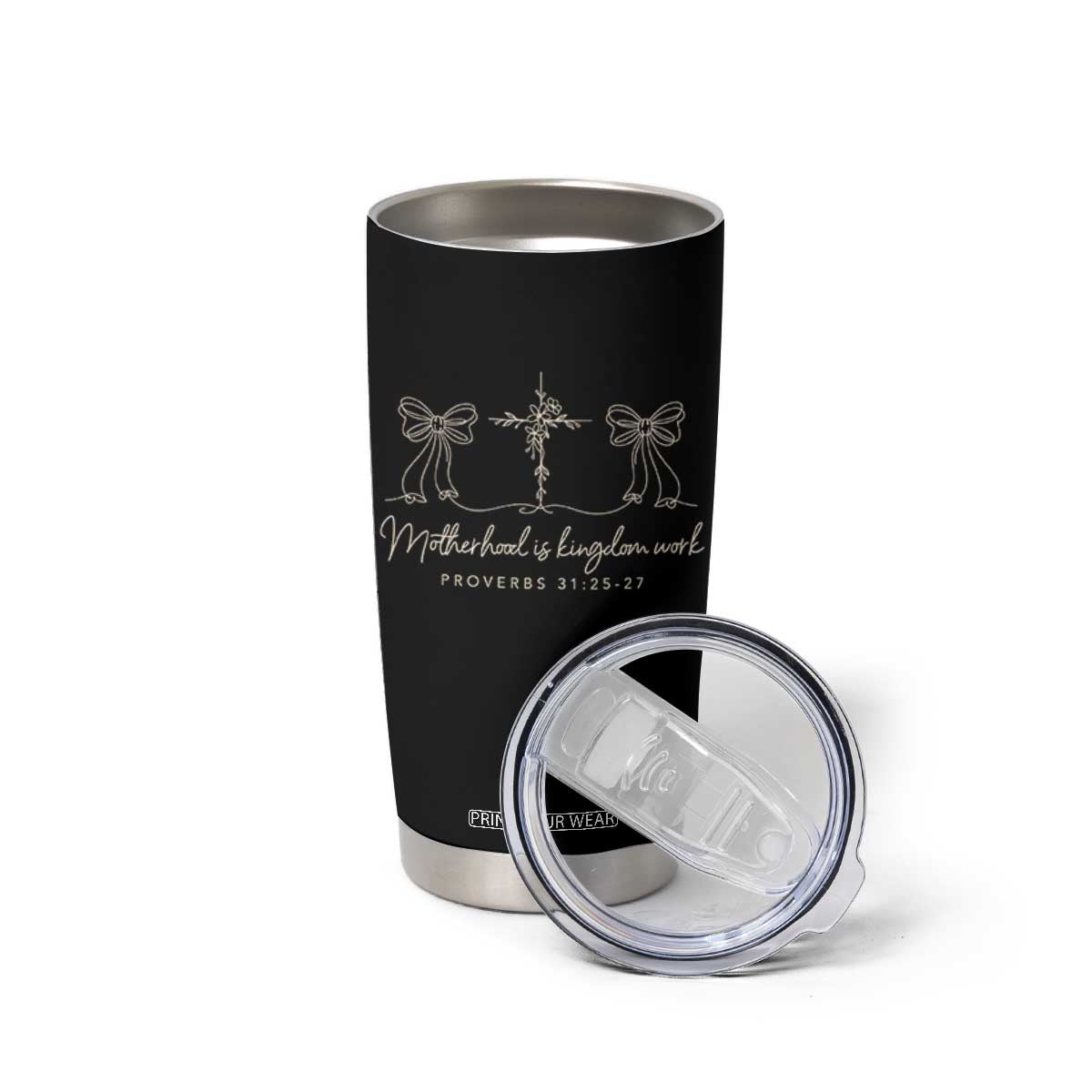 Motherhood Is Kingdom Work Tumbler Cup Cute Christian Mom Mothers Day Coquette Bow Cross TS10 Print Your Wear