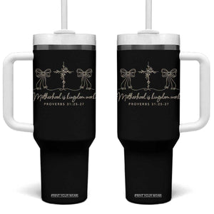 Motherhood Is Kingdom Work Tumbler With Handle Cute Christian Mom Mothers Day Coquette Bow Cross TS10 One Size: 40 oz Black Print Your Wear