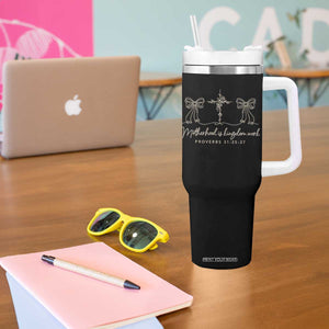 Motherhood Is Kingdom Work Tumbler With Handle Cute Christian Mom Mothers Day Coquette Bow Cross TS10 Print Your Wear