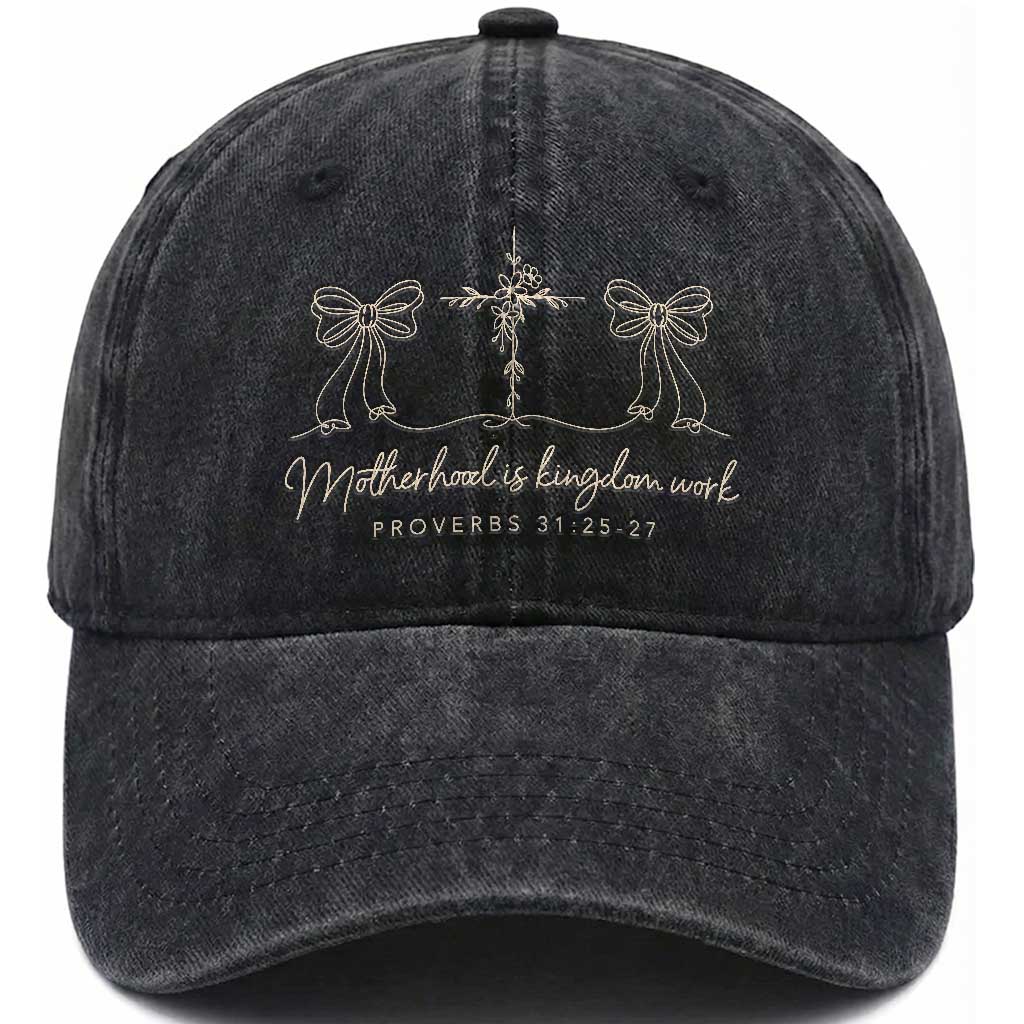 Motherhood Is Kingdom Work Washed Cotton Baseball Cap Cute Christian Mom Mothers Day Coquette Bow Cross TS10 Print Your Wear