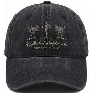 Motherhood Is Kingdom Work Washed Cotton Baseball Cap Cute Christian Mom Mothers Day Coquette Bow Cross TS10 Print Your Wear
