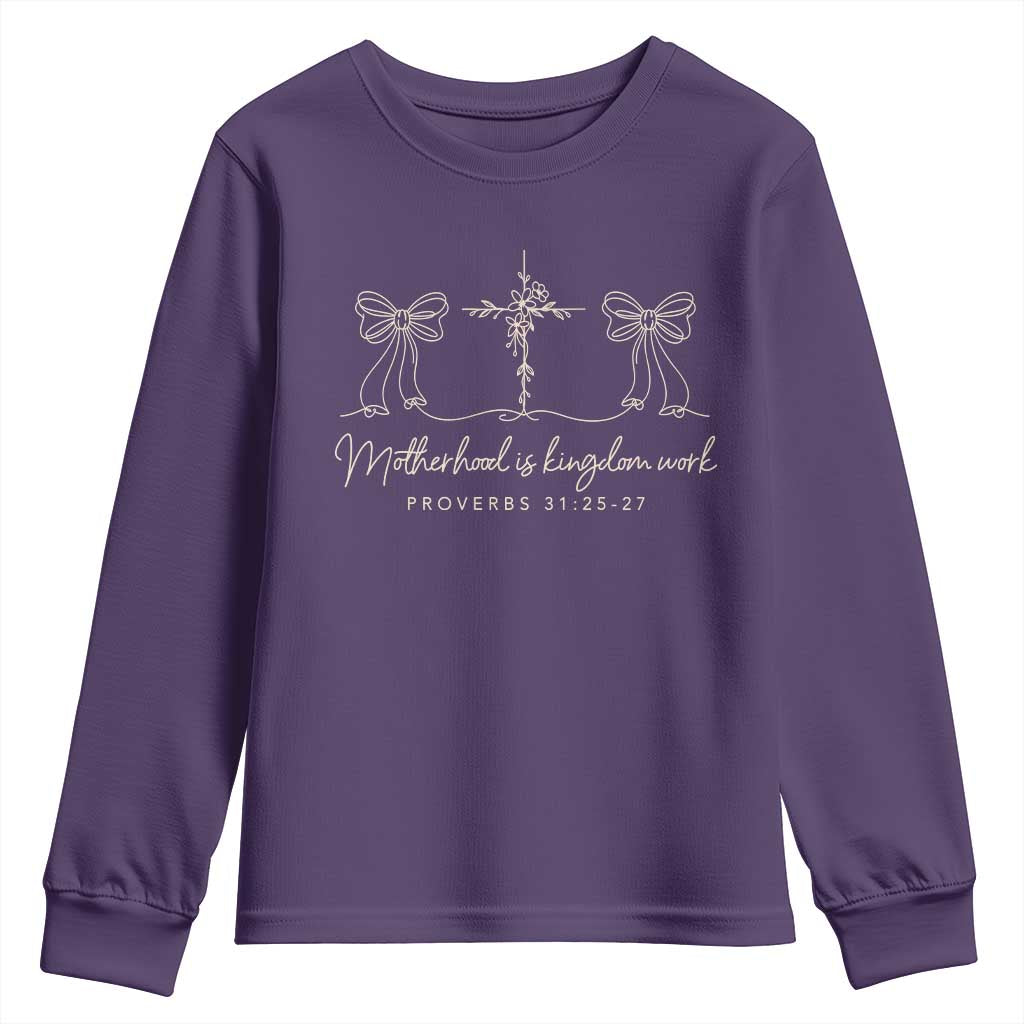 Motherhood Is Kingdom Work Youth Sweatshirt Cute Christian Mom Mothers Day Coquette Bow Cross TS10 Purple Print Your Wear