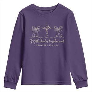 Motherhood Is Kingdom Work Youth Sweatshirt Cute Christian Mom Mothers Day Coquette Bow Cross TS10 Purple Print Your Wear