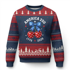 250 Anniversary USA Ugly Christmas Sweater Cherry Coquette Bow 4th Of July 1776 2026 250th Birthday TS10 Navy Red Print Your Wear