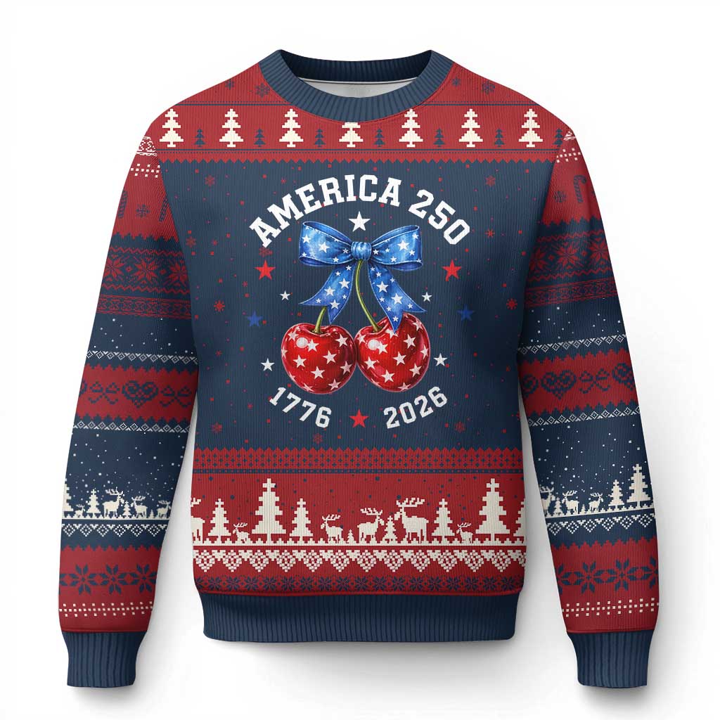 250 Anniversary USA Ugly Christmas Sweater Cherry Coquette Bow 4th Of July 1776 2026 250th Birthday TS10 Navy Red Print Your Wear