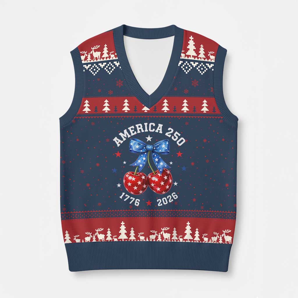 250 Anniversary USA V-Neck Knit Sweater Vest Cherry Coquette Bow 4th Of July 1776 2026 250th Birthday TS10 Navy Red Print Your Wear
