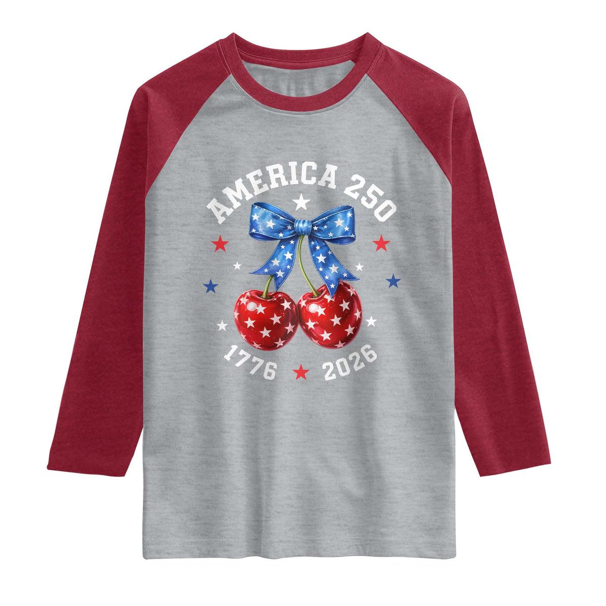 250 Anniversary USA Raglan Shirt Cherry Coquette Bow 4th Of July 1776 2026 250th Birthday TS10 Heather Gray Heather Red Print Your Wear