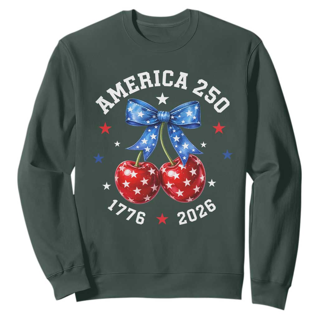 250 Anniversary USA Sweatshirt Cherry Coquette Bow 4th Of July 1776 2026 250th Birthday TS10 Dark Forest Green Print Your Wear