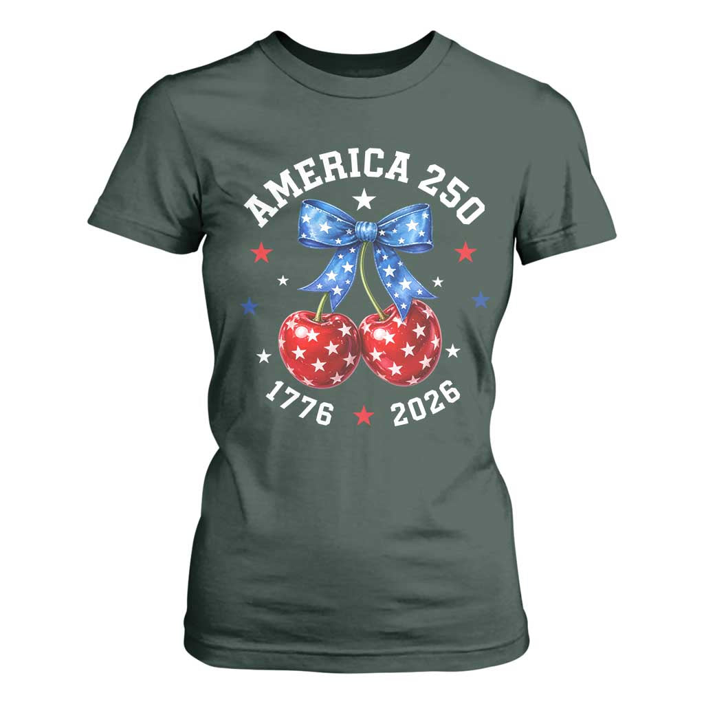 250 Anniversary USA T Shirt For Women Cherry Coquette Bow 4th Of July 1776 2026 250th Birthday TS10 Dark Forest Green Print Your Wear