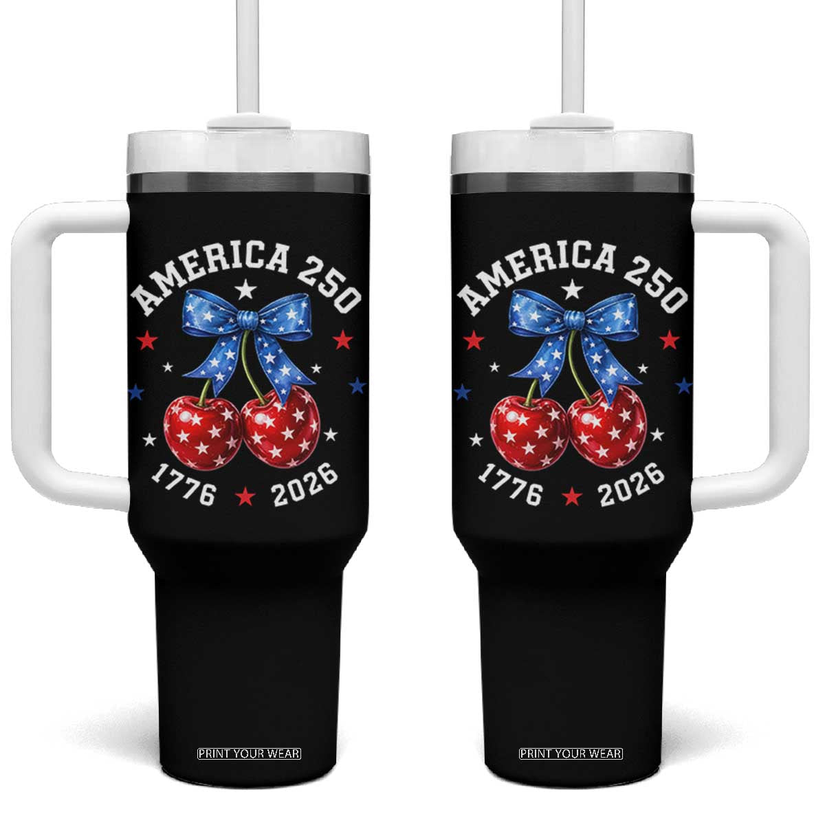 250 Anniversary USA Tumbler With Handle Cherry Coquette Bow 4th Of July 1776 2026 250th Birthday TS10 One Size: 40 oz Black Print Your Wear