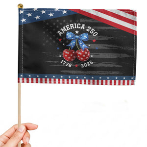 250 Anniversary USA Patriotic Handheld Flag Cherry Coquette Bow 4th Of July 1776 2026 250th Birthday TS10 Distressed 8.2" × 5.5" Black Blue Print Your Wear