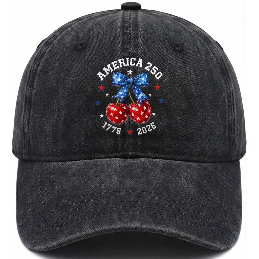 250 Anniversary USA Washed Cotton Baseball Cap Cherry Coquette Bow 4th Of July 1776 2026 250th Birthday TS10 Print Your Wear