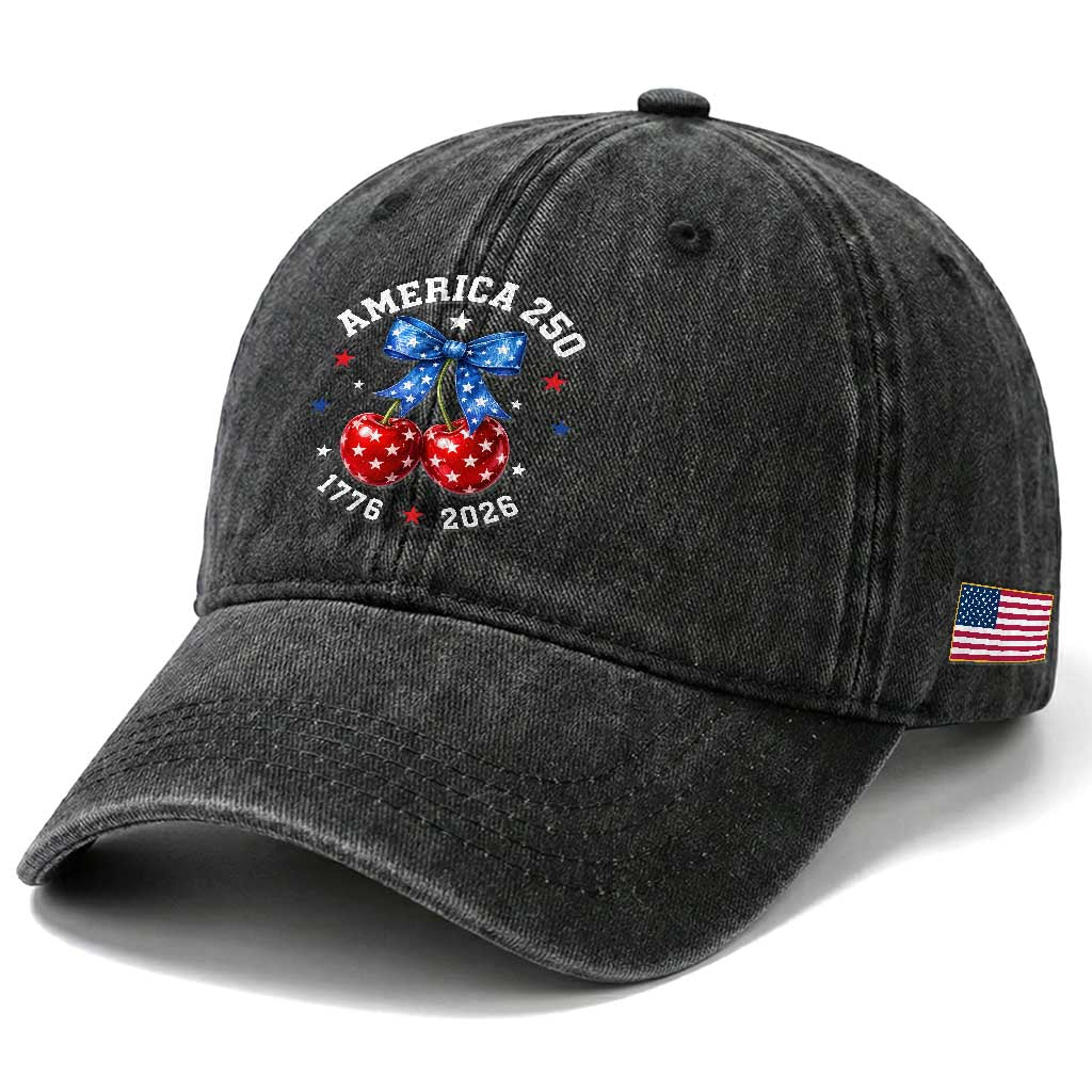 250 Anniversary USA Washed Cotton Baseball Cap Cherry Coquette Bow 4th Of July 1776 2026 250th Birthday TS10 Print Your Wear