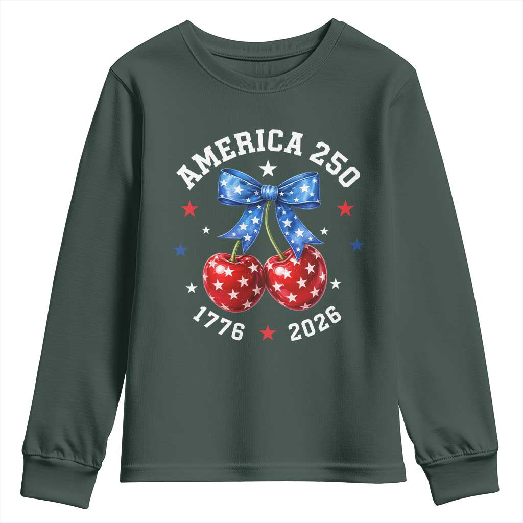 250 Anniversary USA Youth Sweatshirt Cherry Coquette Bow 4th Of July 1776 2026 250th Birthday TS10 Dark Forest Green Print Your Wear