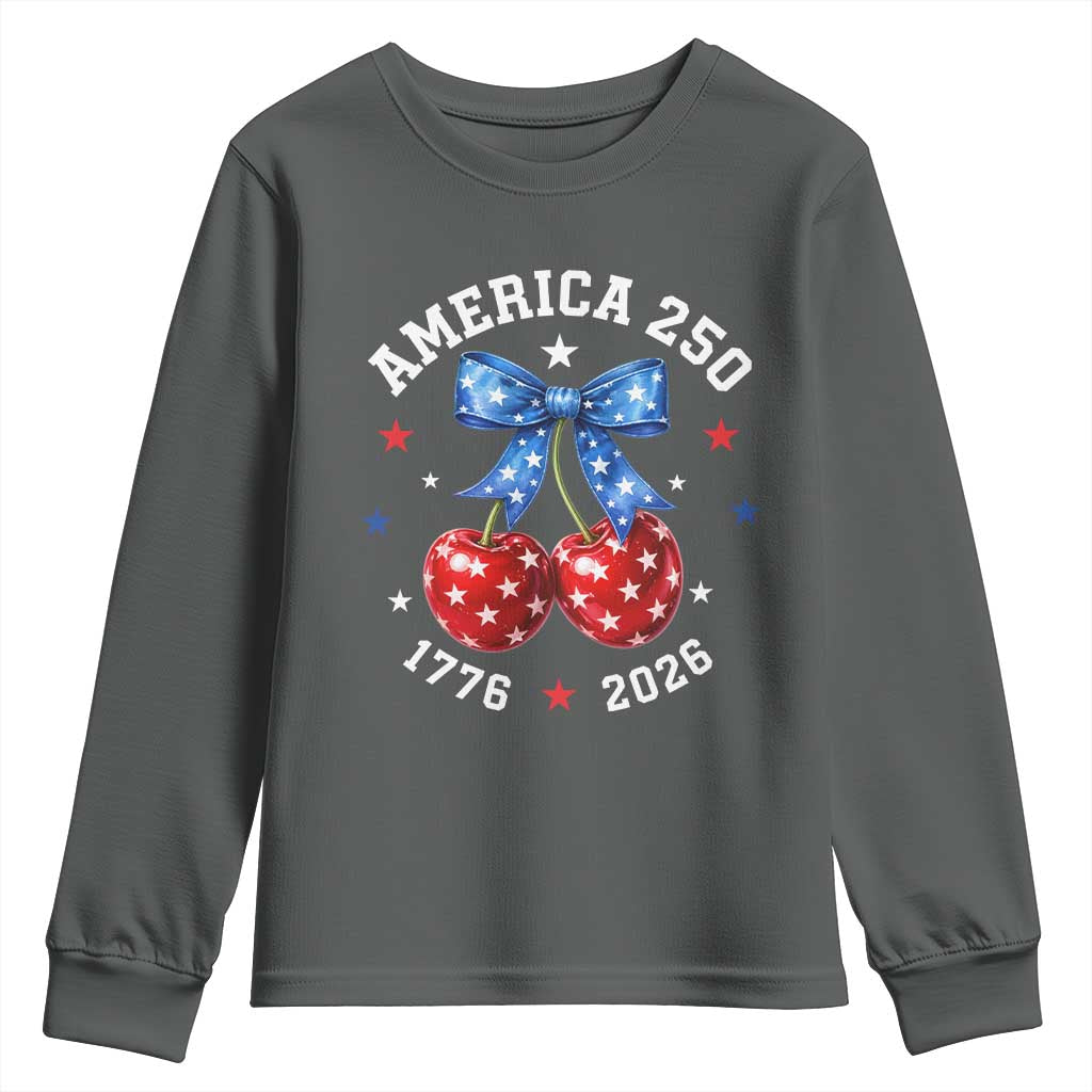 250 Anniversary USA Youth Sweatshirt Cherry Coquette Bow 4th Of July 1776 2026 250th Birthday TS10 Dark Heather Print Your Wear