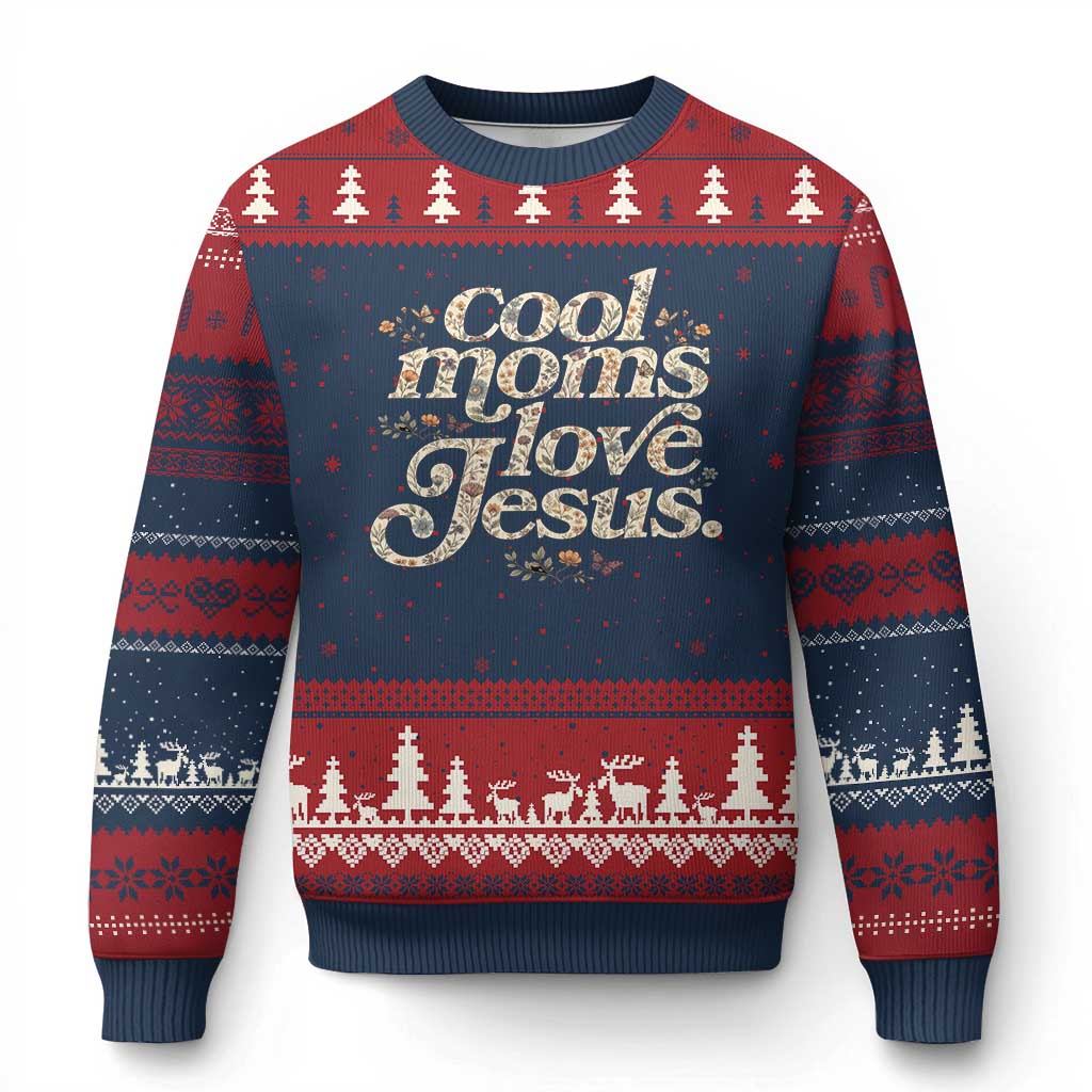Cool Moms Love Jesus Ugly Christmas Sweater Vintage Floral Boho Wildflower Christian Mama Mothers Day TS10 Navy Red Print Your Wear