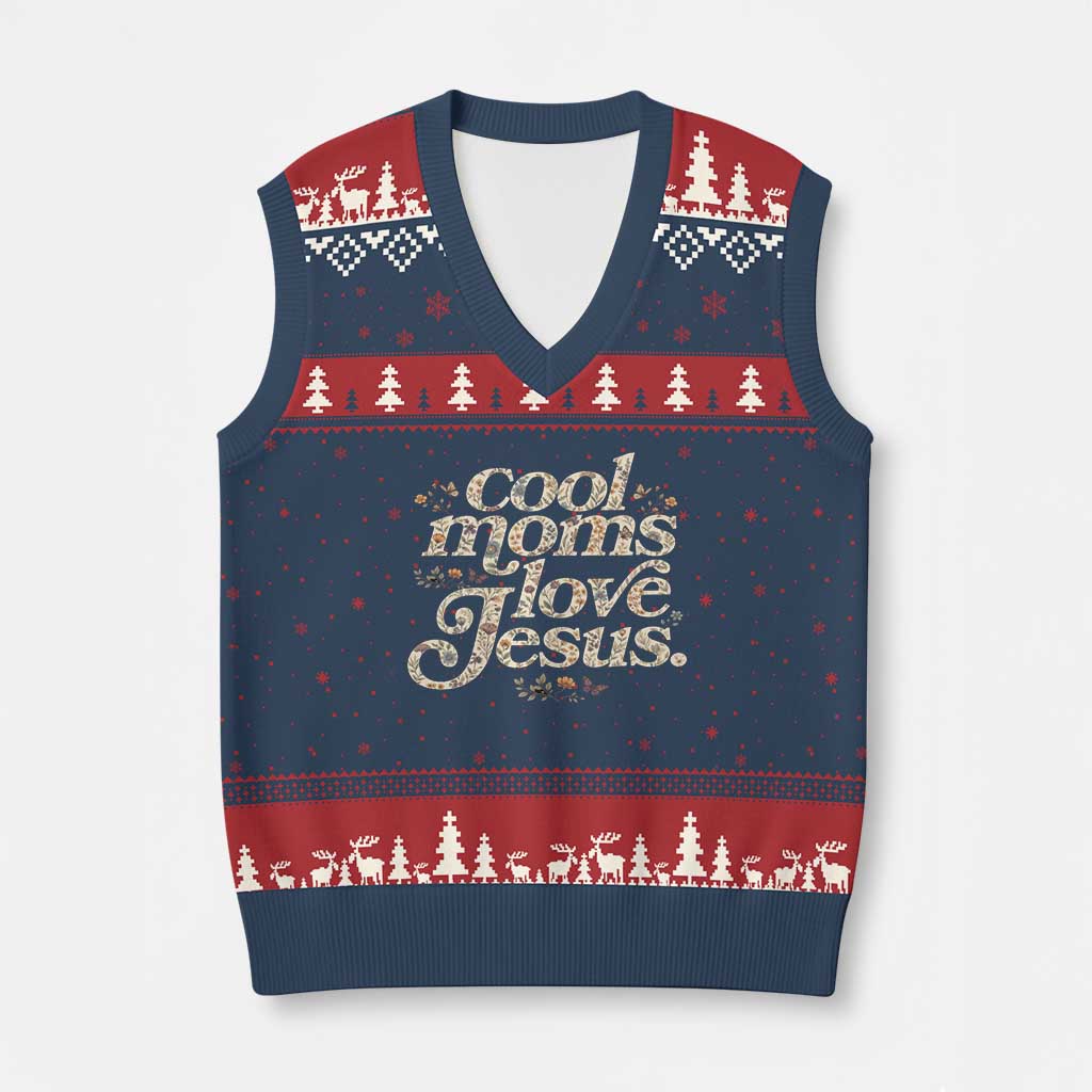 Cool Moms Love Jesus V-Neck Knit Sweater Vest Vintage Floral Boho Wildflower Christian Mama Mothers Day TS10 Navy Red Print Your Wear