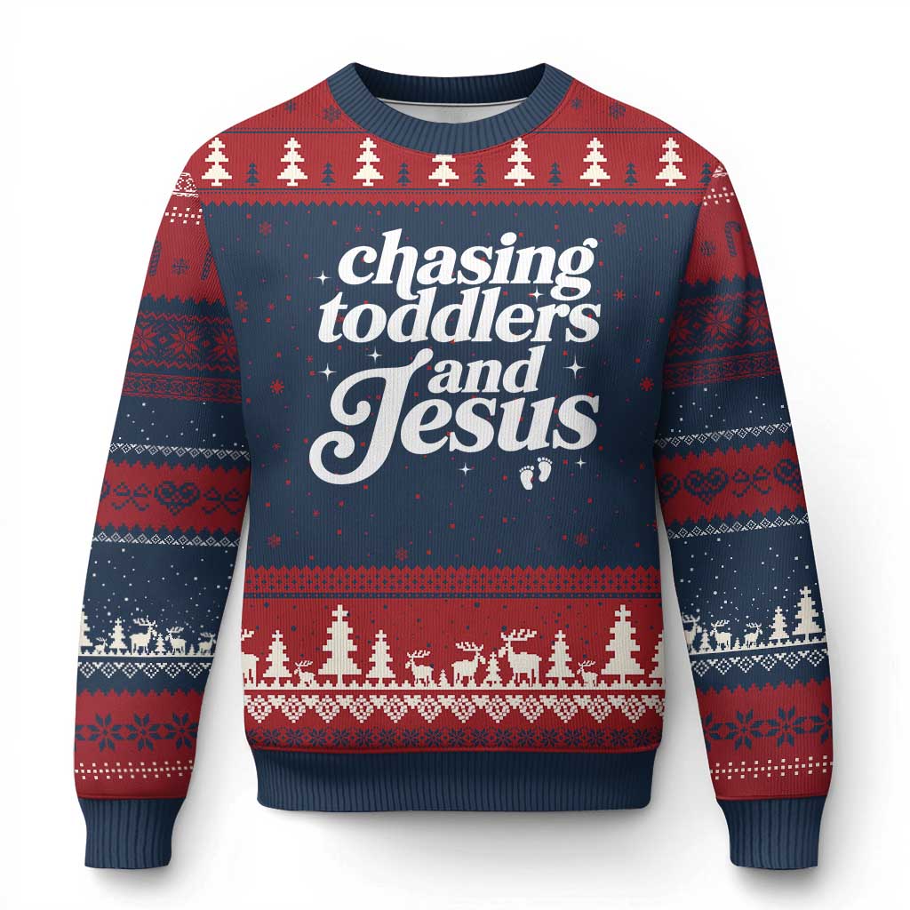 Christian Mom Ugly Christmas Sweater Chasing Jesus And Toddlers TS10 Navy Red Print Your Wear