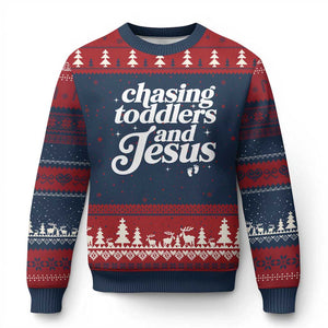 Christian Mom Ugly Christmas Sweater Chasing Jesus And Toddlers TS10 Navy Red Print Your Wear