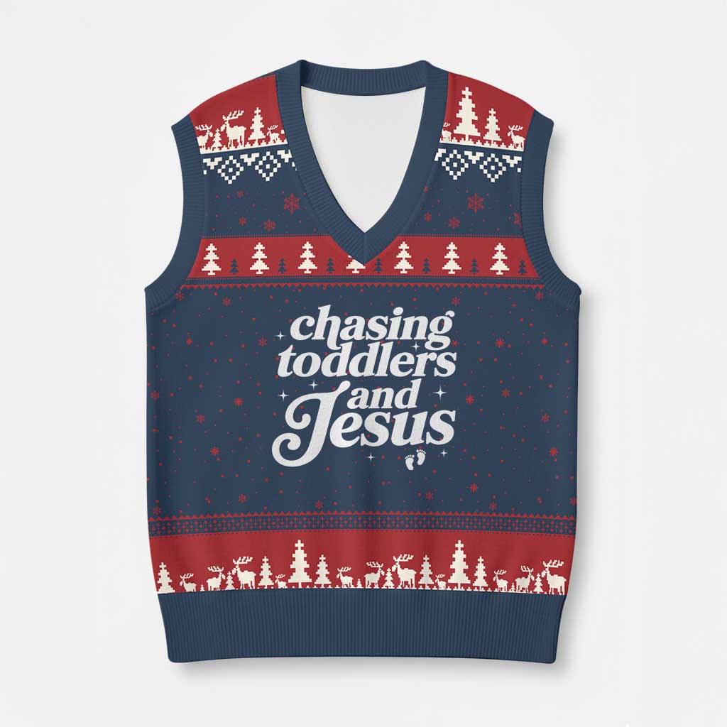 Christian Mom V-Neck Knit Sweater Vest Chasing Jesus And Toddlers TS10 Navy Red Print Your Wear