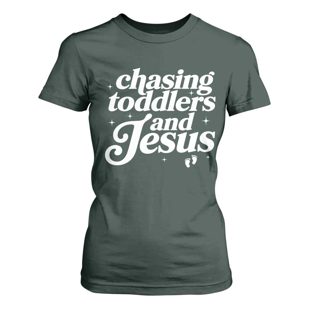 Christian Mom T Shirt For Women Chasing Jesus And Toddlers TS10 Dark Forest Green Print Your Wear