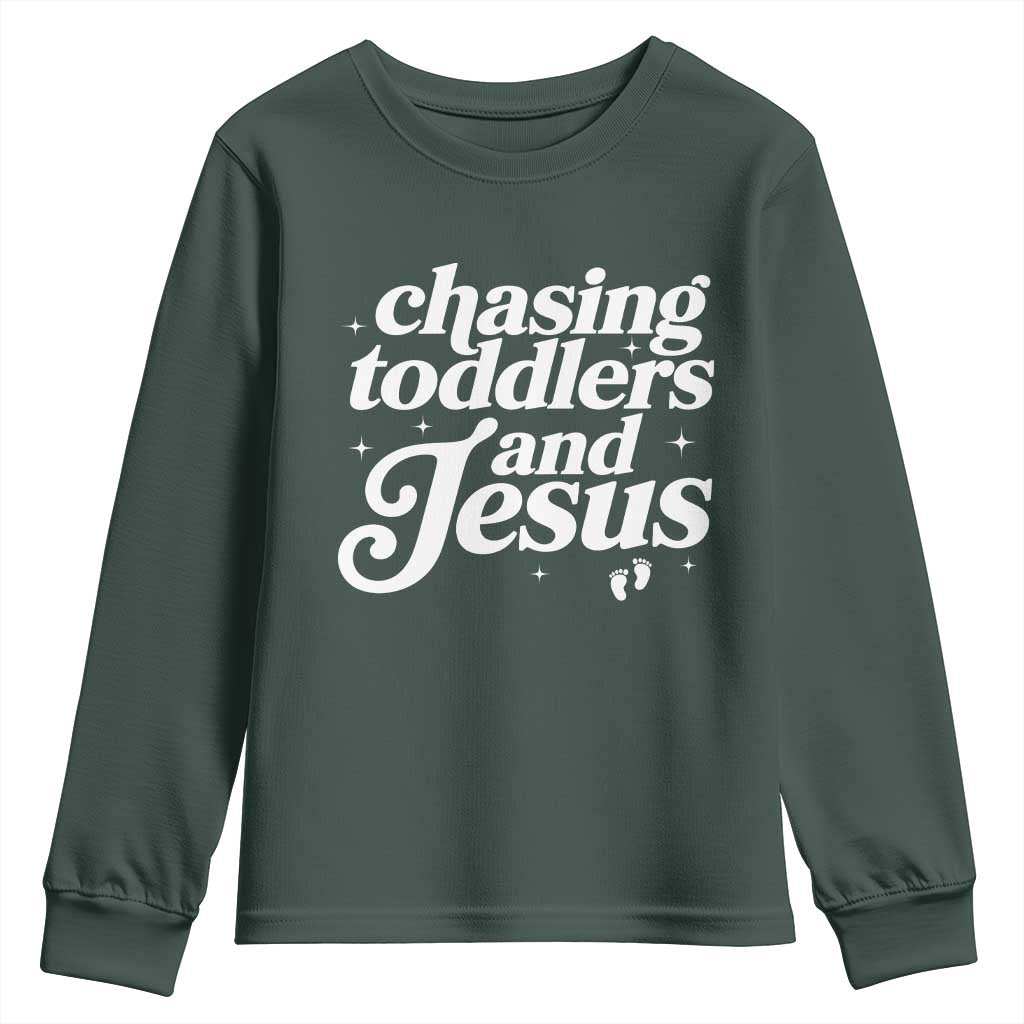 Christian Mom Youth Sweatshirt Chasing Jesus And Toddlers TS10 Dark Forest Green Print Your Wear