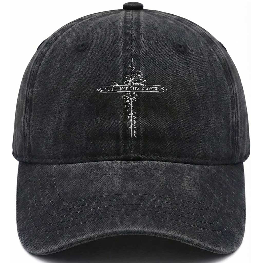 Motherhood Is Kingdom Work Washed Cotton Baseball Cap Floral Cross Christian Mama Mothers Day TS10 Print Your Wear