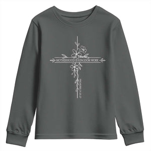 Motherhood Is Kingdom Work Youth Sweatshirt Floral Cross Christian Mama Mothers Day TS10 Dark Heather Print Your Wear