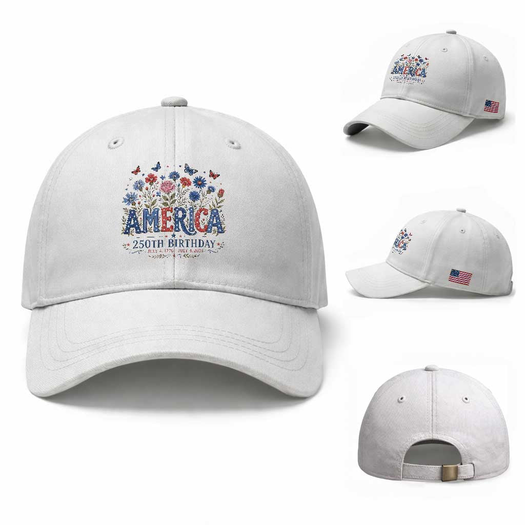 Floral 250th Anniversary Baseball Cap Wildflower Independence Day 250 Years Birthday 1776 2026 TS10 Baseball Cap Universal Fit White Print Your Wear